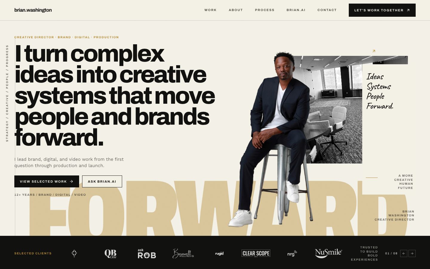 Redesigned briandwashington.com homepage, with Creative Director positioning and a path into selected work