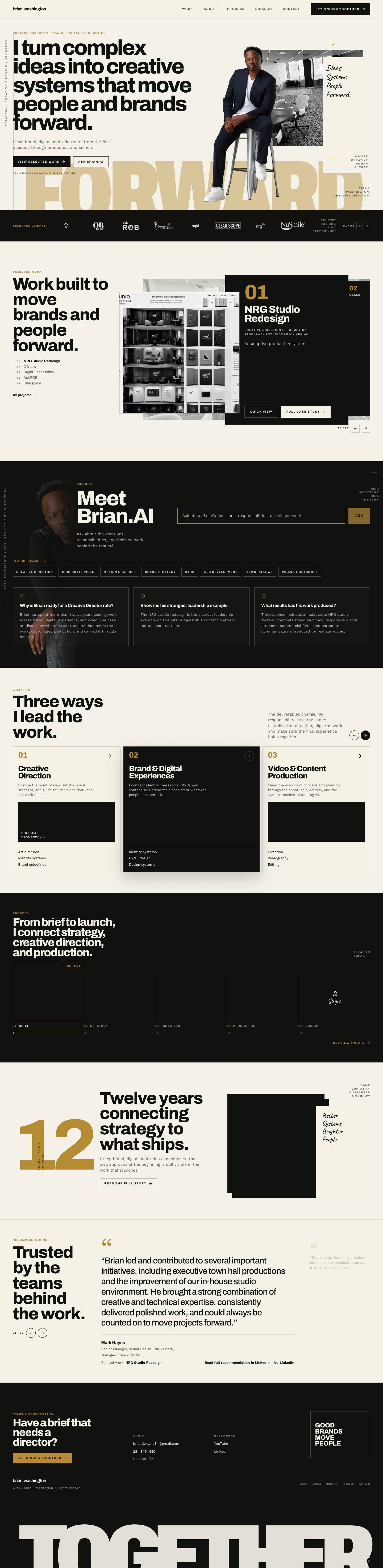 Redesigned briandwashington.com homepage in full, with Creative Director positioning, selected work, and a path into Brian.AI and contact.