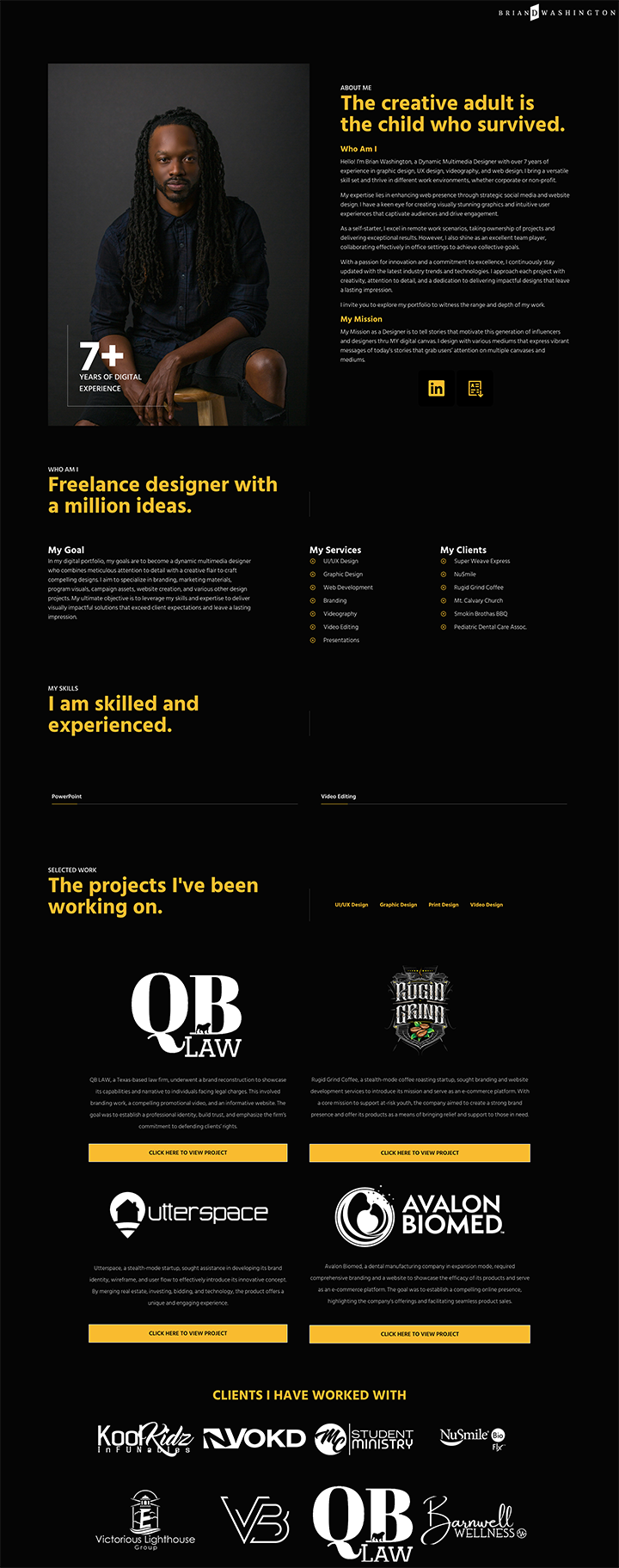 Original Brian Washington portfolio with a black-and-yellow design, an About section identifying Brian as a multimedia designer, long service and skill lists, and a two-column project gallery.