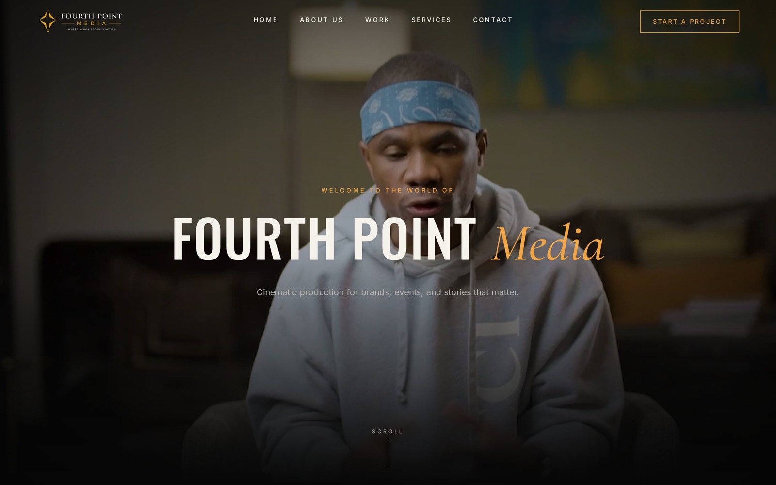 Fourth Point Media homepage on a laptop, with a cinematic hero and selected-work presentation