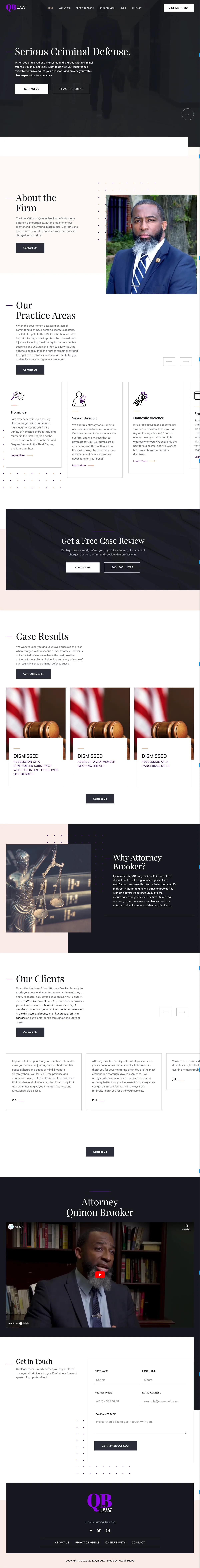 QB Law website homepage in laptop and phone frames, with criminal-defense practice areas leading the layout