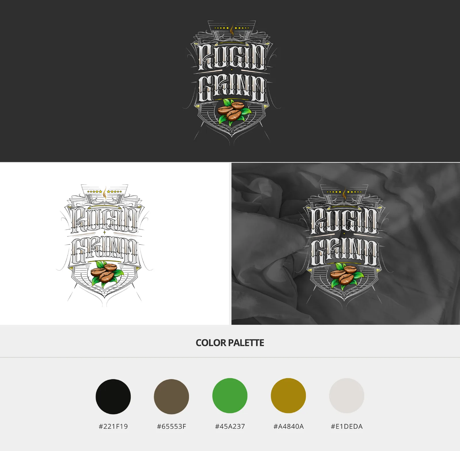 Rugid Grind Coffee brand identity system, logo lockups and palette