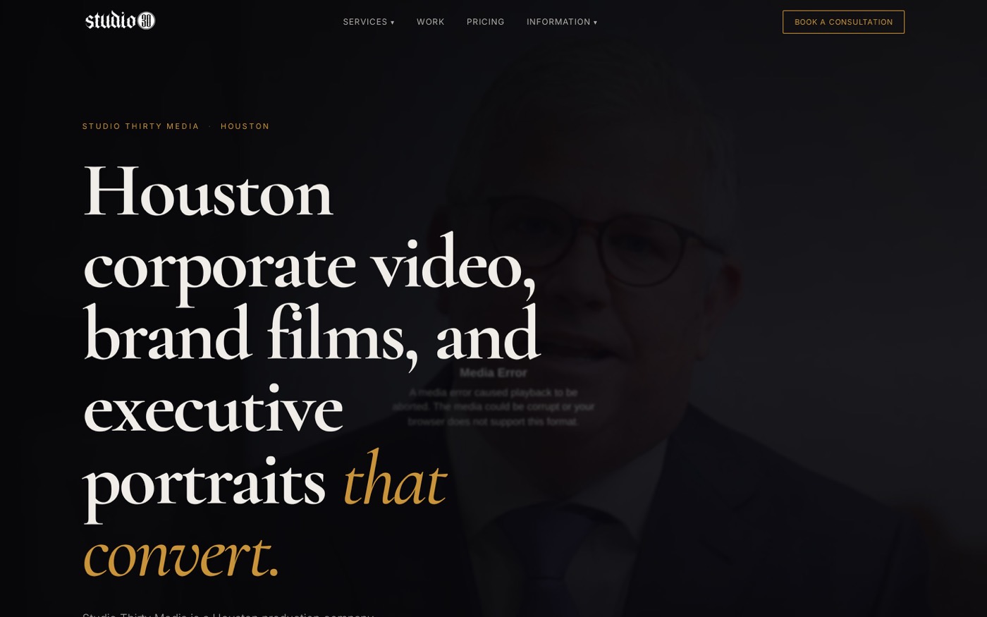 Studio Thirty Media homepage on a laptop, with a video-forward hero and selected-work grid