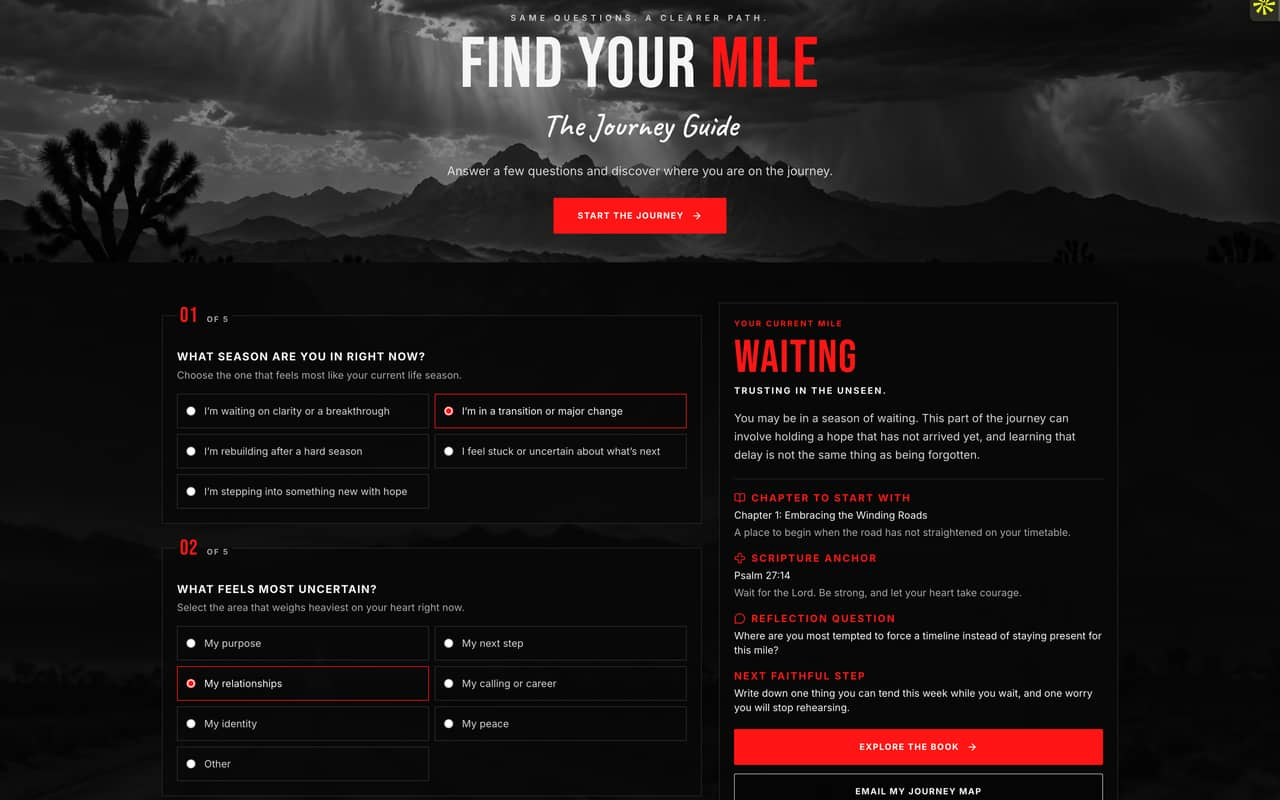 Find Your Mile, showing the heading, selected answers for the opening questions, and the Waiting result with its chapter, Scripture anchor, and next step.