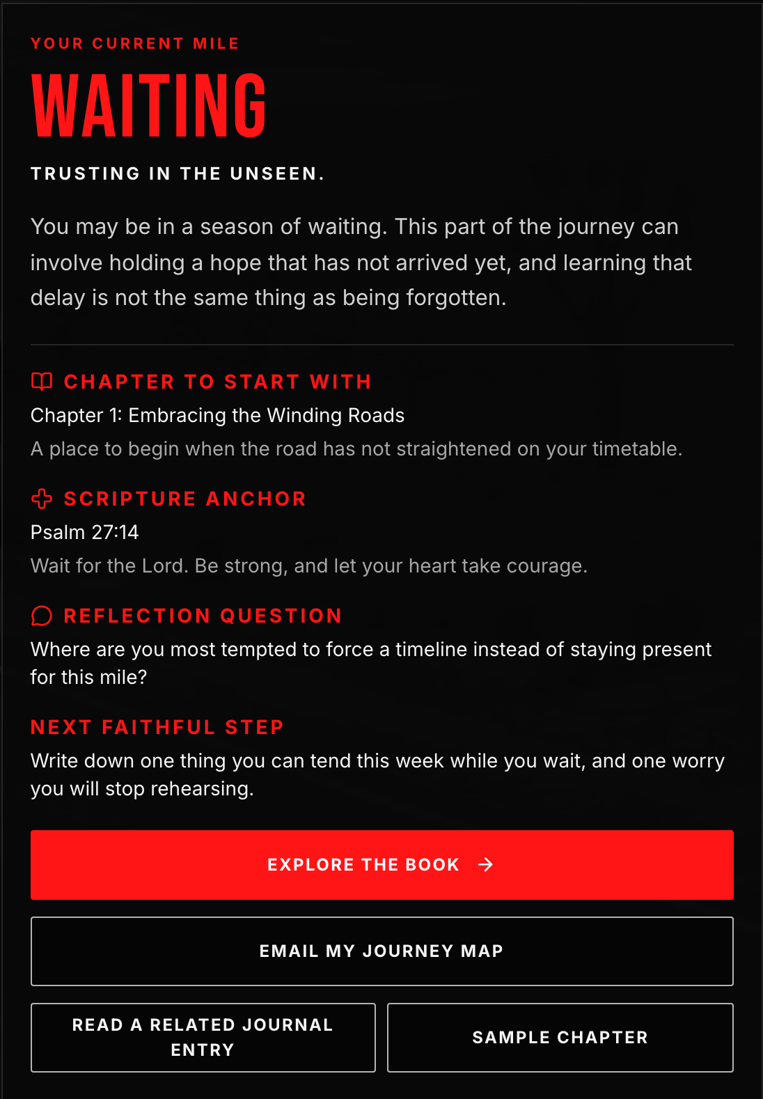 Find Your Mile result for the Waiting mile, with a chapter, Psalm 27:14, a reflection question, and a next faithful step.